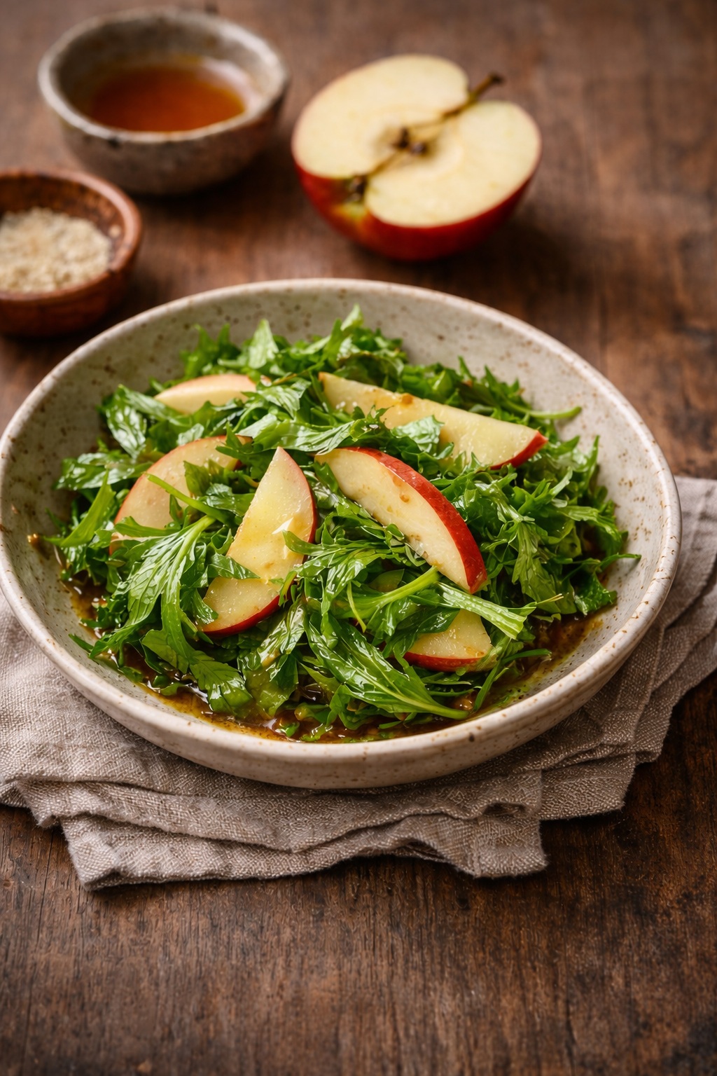Sałatka z mizuną, jabłkiem i lekkim sosem miodowo-cytrusowym