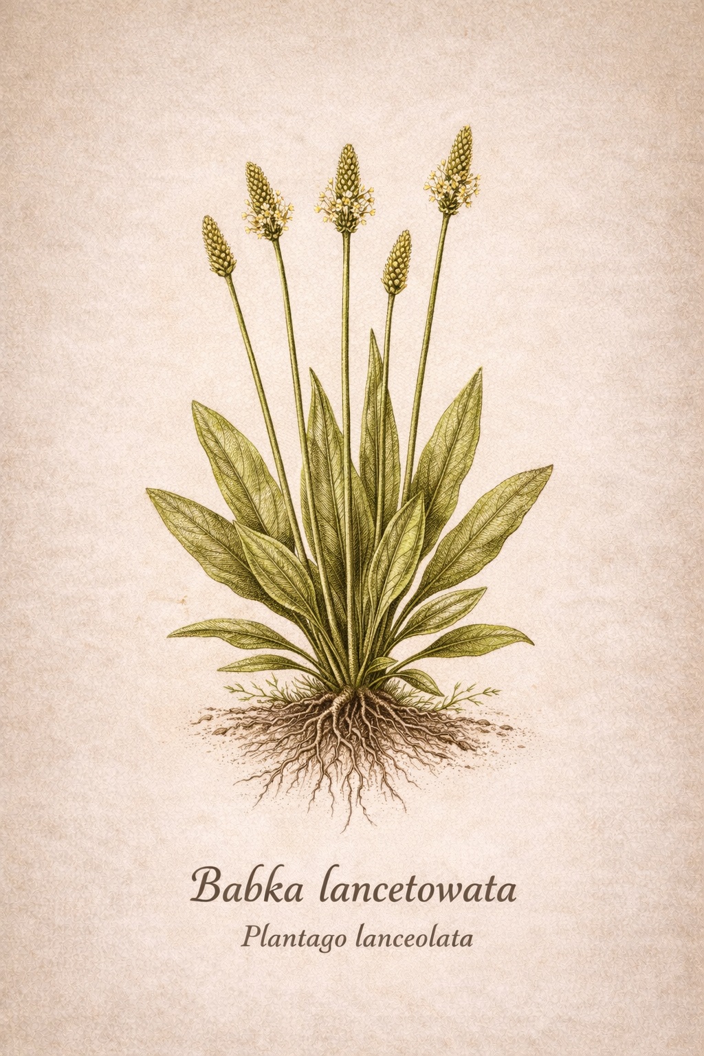 Babka lancetowata (Plantago lanceolata) &ndash; ilustracja botaniczna Zielone Serce