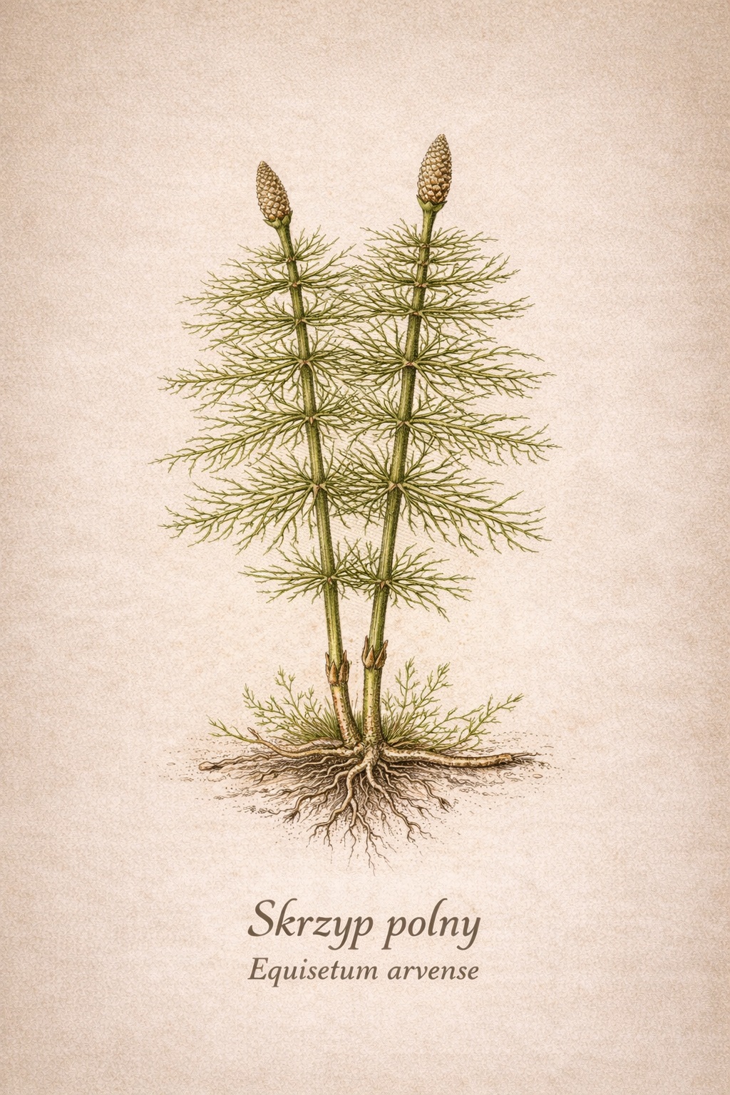 Skrzyp polny (Equisetum arvense) &ndash; ilustracja botaniczna Zielone Serce