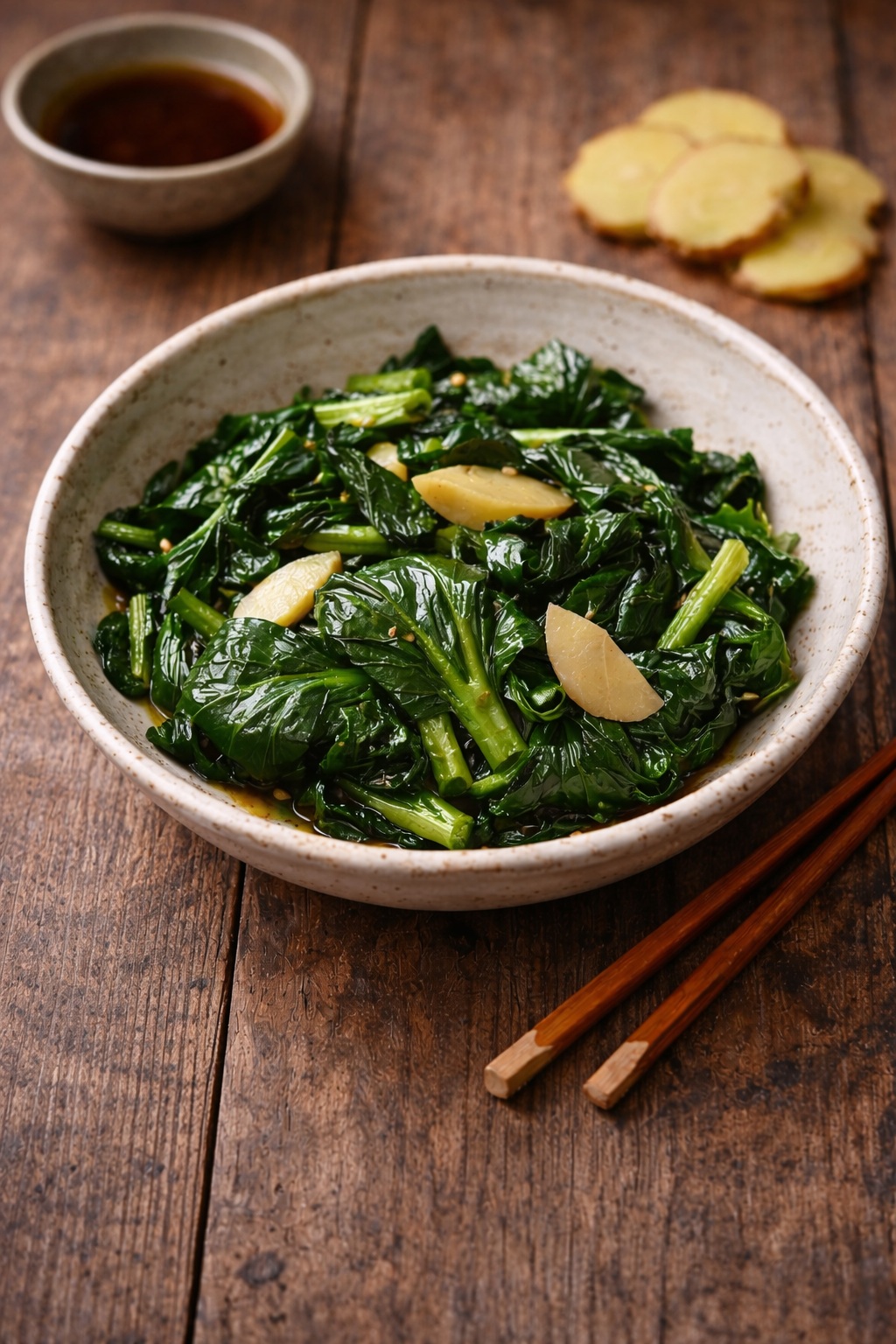 Tatsoi w szybkim stir-fry z imbirem, delikatnie podsmażone
