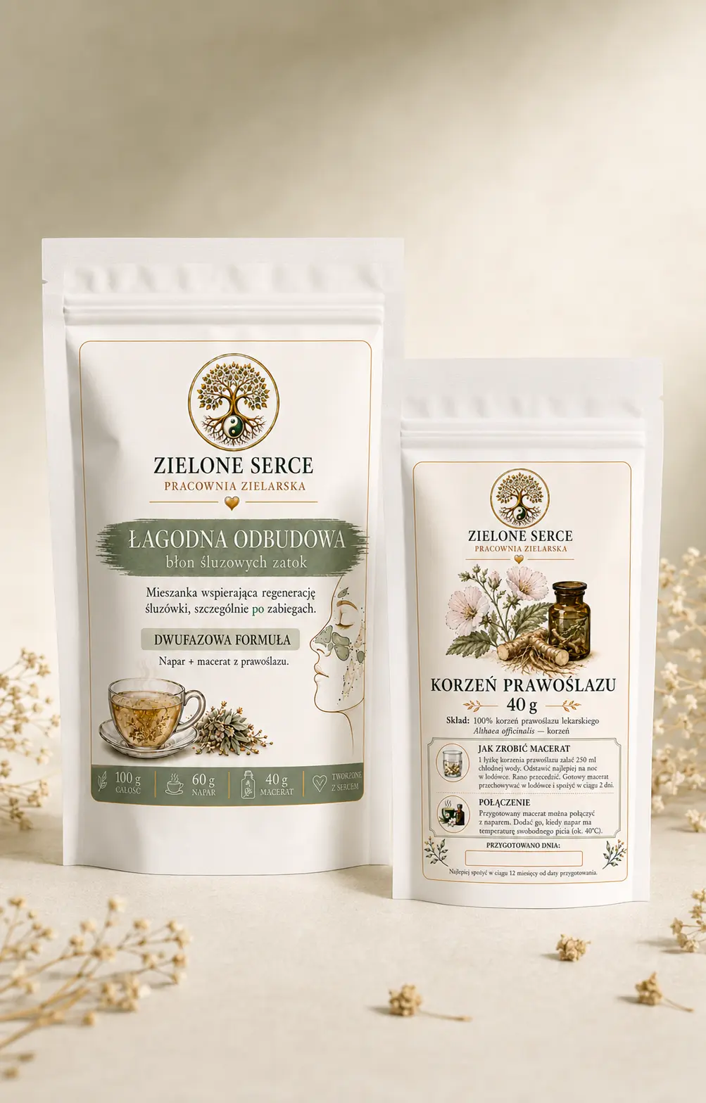 ziola-na-zatoki Łagodna Odbudowa – zestaw ziołowy: mieszanka do naparu 60 g i korzeń prawoślazu do maceratu 40 g